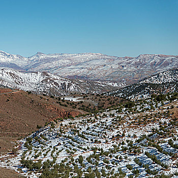 俯拍,雪,山谷,冬天,阿特拉斯山脉,摩洛哥
