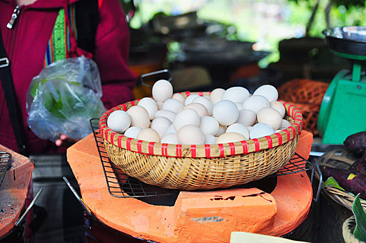 白色,鸡肉,卵,竹篮,越南