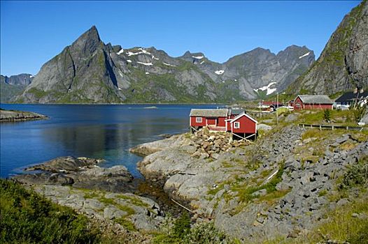 红色,木屋,山峦,峡湾,罗弗敦群岛,挪威
