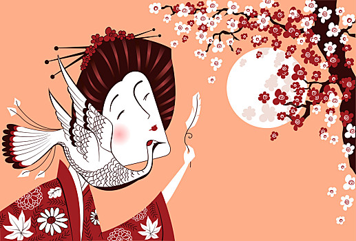 日本人,女人,传统服装,鸟,插画