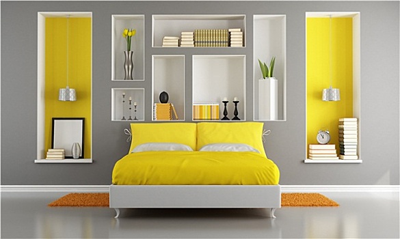 黄色,灰色,现代,卧室