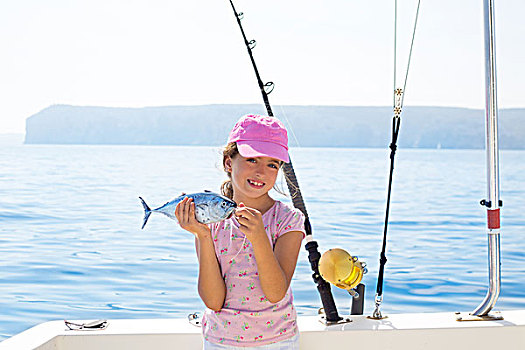 孩子,小女孩,钓鱼,船,拿着,小,金枪鱼,鱼