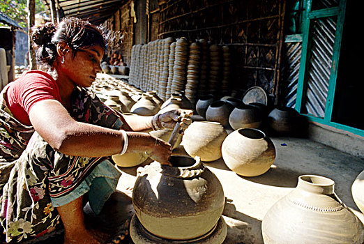 女人,造型,罐,花瓶,彩色,陶器,美,城市,家庭,生计,许多,孟加拉