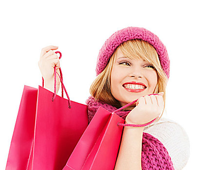 冬天,人,高兴,概念,女人,粉色,帽子,围巾,许多,购物袋
