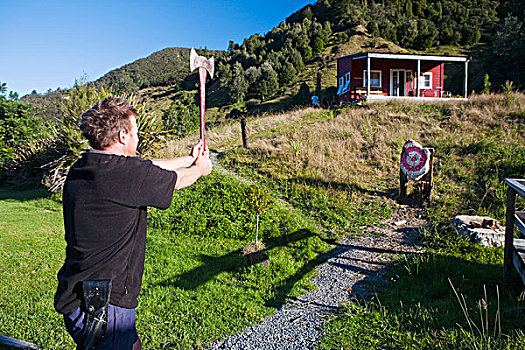 一个,男人,斧子,投掷,蓝色,住宿,国家公园,新西兰