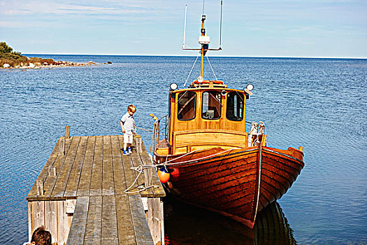 男孩,码头,船,瑞典