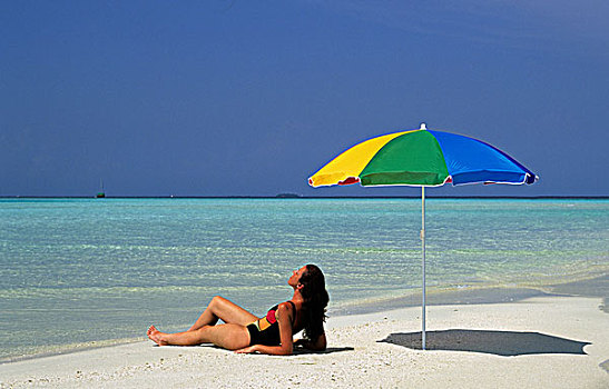 马尔代夫,北方,马累环礁,女人,伞,沙洲