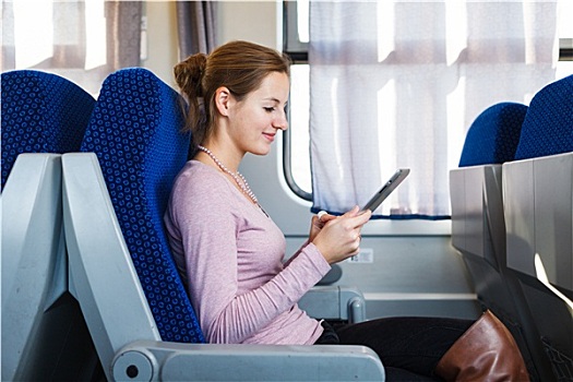 美女,平板电脑,旅行,列车
