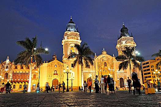 大教堂,广场,阿玛斯,傍晚,利马,世界遗产,秘鲁,南美