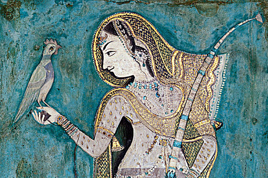 女人,穿,薄纱,拿着,鸽子,飞行,壁画,自然,彩色,宫殿,邦迪,拉贾斯坦邦,印度,亚洲