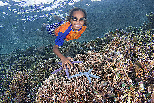 印度尼西亚,巴布亚岛,四王群岛,潜水,住宿,女孩,上方,珊瑚,画廊