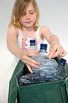 女孩,再循环,塑料制品,水瓶
