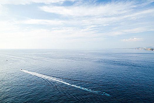 地中海,风景,尾流,小,迅速,摩托艇,蓝色,阴天