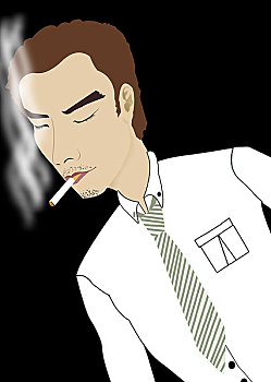 时尚插画,男人,香烟,衬衫,领带,闭眼,思考