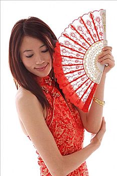 女青年,穿,旗袍,拿着,传统,中国
