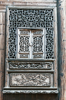 中式实木雕花门窗,中国安徽省黟县卢村木雕楼景区古民居