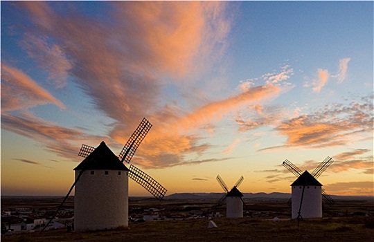风车,日落,草原,西班牙