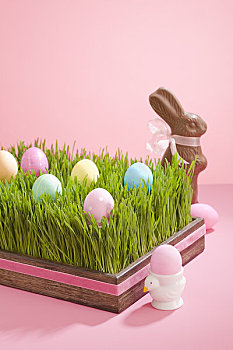 复活节彩蛋,盘上,草,复活节巧克力兔