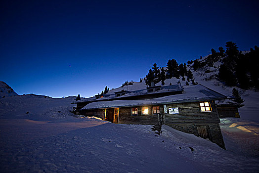 小屋,夜晚,阿尔卑斯山,提洛尔,奥地利