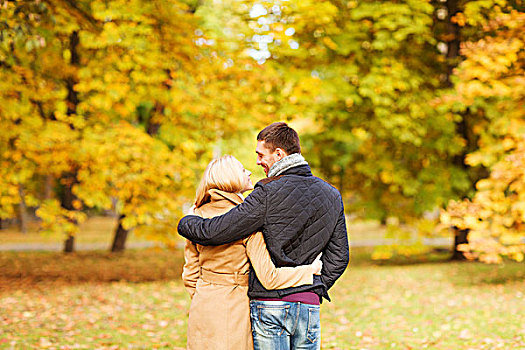 爱情,关系,家庭,人,概念,微笑,情侣,搂抱,秋天,公园,背影