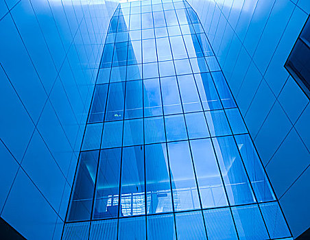 现代,蓝色,玻璃墙,摩天大楼
