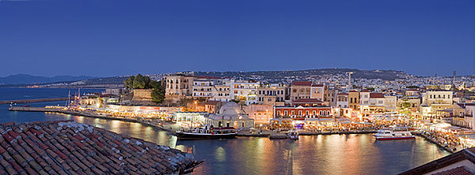 俯拍,港口,黄昏,哈尼亚,克里特岛,希腊
