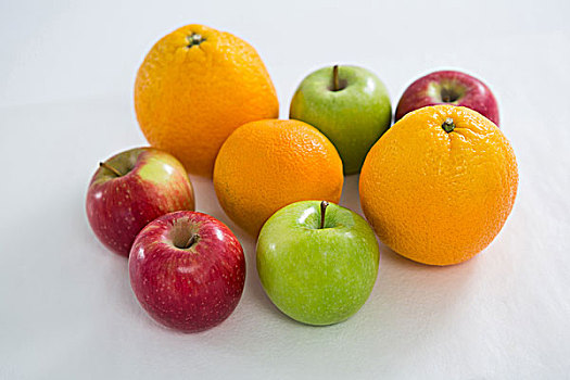 特写,橘子,红苹果,青苹果,白色背景