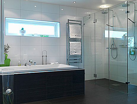 浴室,简单,灯,灰色,木碳,白色,相似,淋浴,后面,玻璃