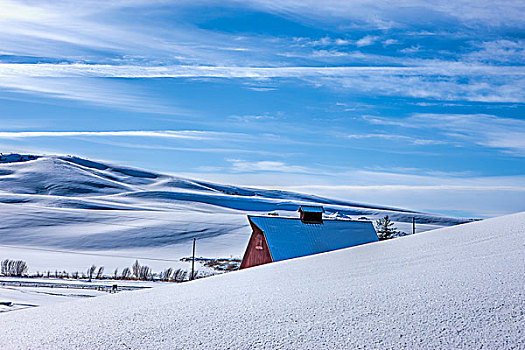 屋顶,红色,谷仓,顶峰,上方,雪,山,冬天,远景,莫斯科,爱达荷