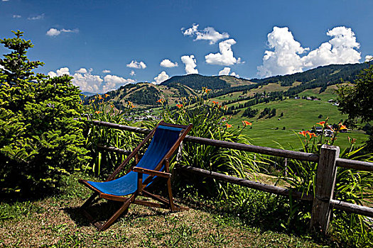 蓝色,草坪椅,正面,木篱,白云岩,南蒂罗尔,意大利,欧洲