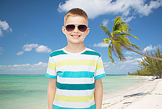 孩子,夏天,旅行,度假,人,概念,微笑,小男孩,戴着,墨镜,上方,海滩,背景