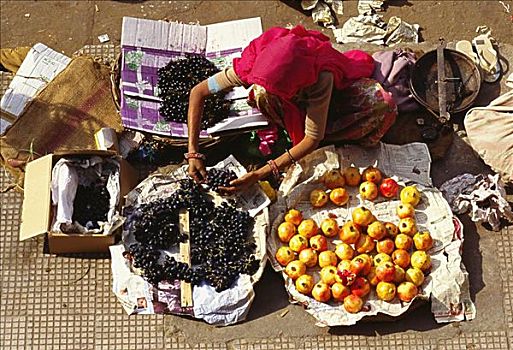 俯拍,女人,销售,水果,斋浦尔,拉贾斯坦邦,印度