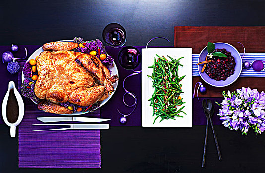 中国,烤火鸡,青豆,桌子,紫色,装饰