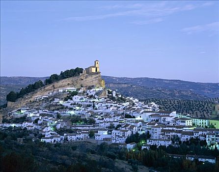 白色,乡村,普韦布洛,夜景,蒙特弗里奥,安达卢西亚,西班牙