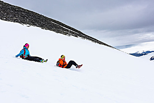 女人,男孩,滑动,雪