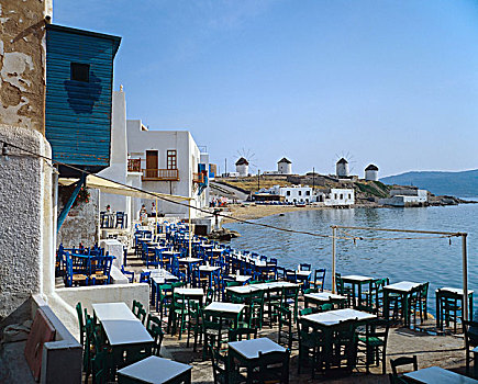 露天咖啡馆,海边,小威尼斯,悬挂,风车,米克诺斯岛,岛屿,基克拉迪群岛,希腊