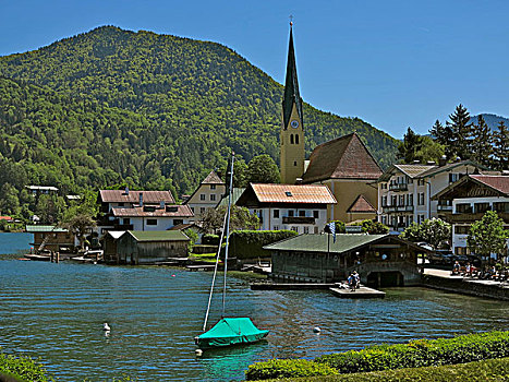 德国,巴伐利亚,泰根湖,洛赫特-伊根,教堂,湖,船