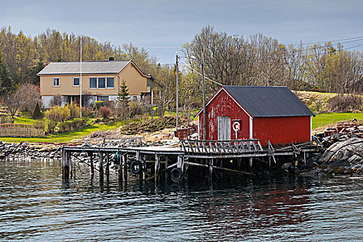传统,挪威,红色,木质,渔船,谷仓,海岸,春天