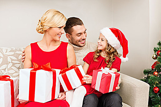 家庭,圣诞节,圣诞,冬天,高兴,人,概念,微笑,圣诞老人,帽子,许多,礼盒