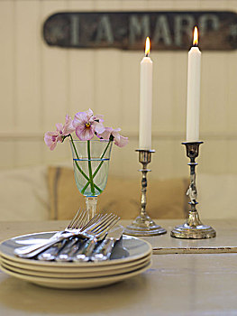 特写,盘子,餐具,照亮,蜡烛,餐桌