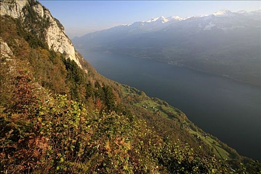 秋天,暸望,山,三角洲,小教堂,岸边,湖,阿尔卑斯山,瑞士