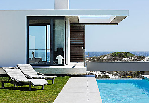 休闲椅,浅水泳池,户外,现代住宅,远眺,海洋