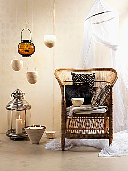 非洲,接触,藤条,椅子,枕头,悬挂,器具,装饰,蜡烛