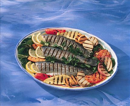 大浅盘,烤制食品,鲑鱼,蔬菜