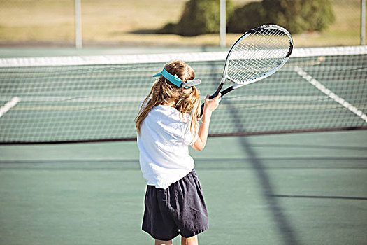 后视图,女孩,玩,网球,晴天