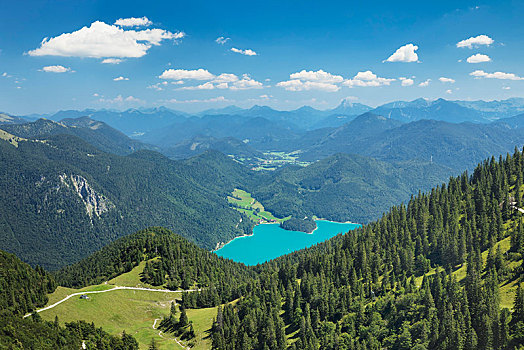 风景,俯视,湖,瓦尔幸湖,山,上巴伐利亚,巴伐利亚,德国,欧洲