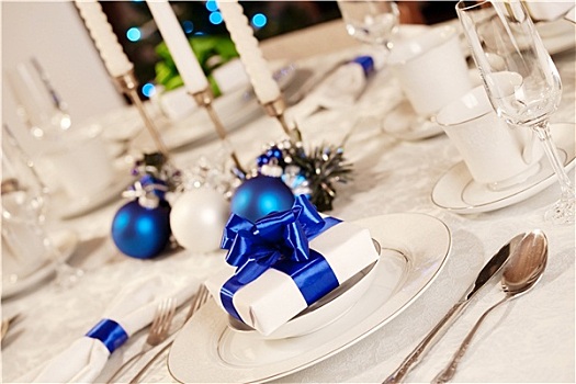 优雅,蓝色,白色,圣诞桌,布置,烛光,圣诞节