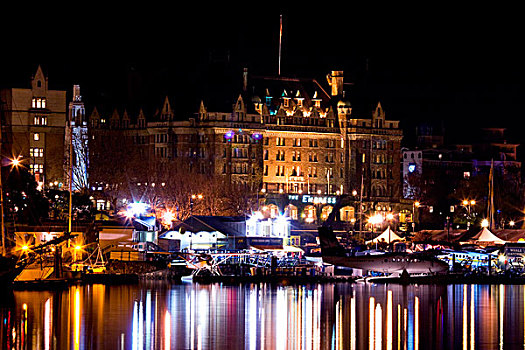 著名,皇后酒店,反射,内港,夜晚,维多利亚,加拿大
