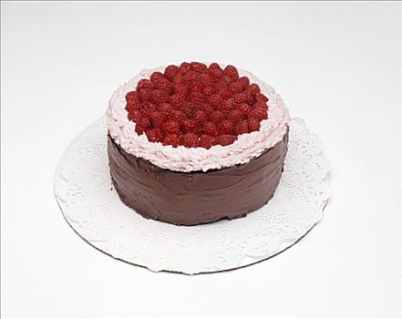 巧克力蛋糕,树莓,装饰垫布