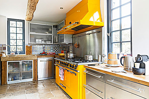 黄色,烹调,区域,现代,不锈钢,厨房